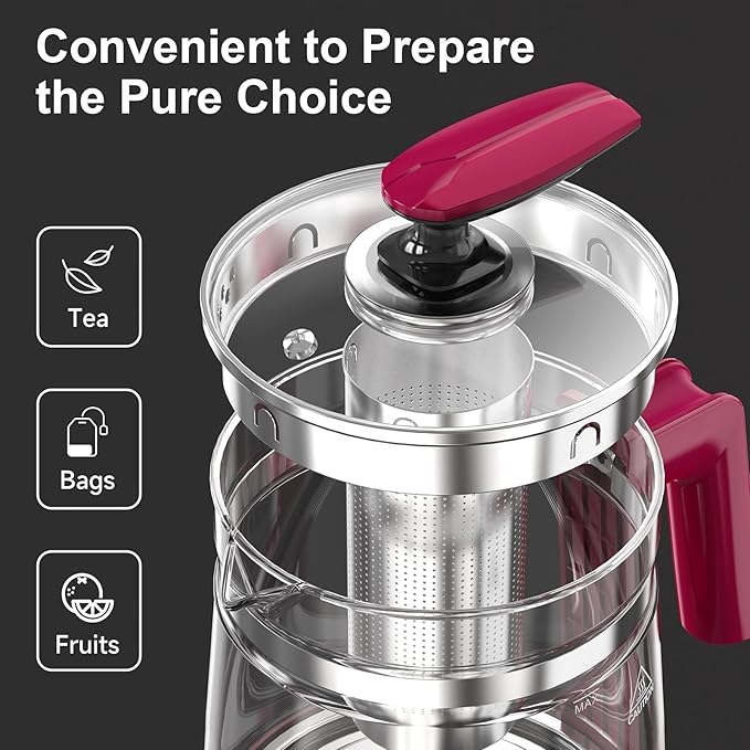 Electric Kettle, 1.5L Borosilicate Glass Hot Water Kettle Electric & Tea Kettle for Coffee or Tea, BPA Free, Auto Shut-Off, Stainless Steel, Red, 1200w