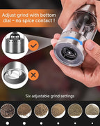 USB-C Rechargeable Electric Salt & Pepper Grinder Set - External Adjustable Coarseness (6 Settings), Large Capacity, Dual-Speed Control, One-Hand, LED, Stainless Steel (2 Pack)