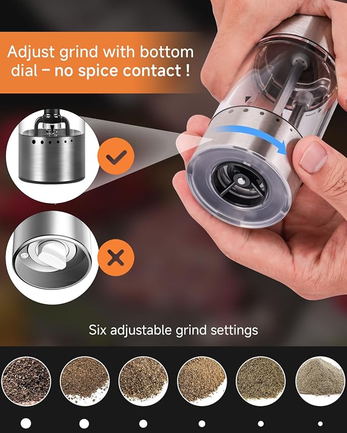 USB-C Rechargeable Electric Salt & Pepper Grinder Set - External Adjustable Coarseness (6 Settings), Large Capacity, Dual-Speed Control, One-Hand, LED, Stainless Steel (2 Pack)