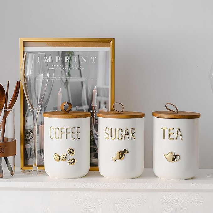 YYW Kitchen Canisters for Countertop, White Airtight Ceramic Canister with Seal Wooden Lid Storage Container for Coffee Bean Ground Coffee Sugar and Tea (Three piece)