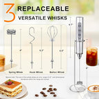 YUSWKO Silver Rechargeable Milk Frother for Coffee with Stand, Handheld Drink Mixer with 3 Heads 3 Speeds Electric Stirrers for Latte, Cappuccino, Hot Chocolate, Egg
