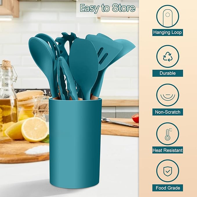 Kitchen Utensils Set of 12, E-far Silicone Cooking Utensils with Holder, Non-stick Cookware Friendly & Heat Resistant, Includes Spatula Tong Whisk Ladle Brush Slotted Turner Spoon(Teal Blue)
