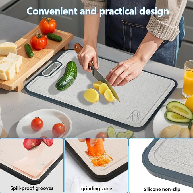 Titanium Cutting Boards for Kitchen – Dual-Sided Solid Titanium & Wheat Straw PP, Large Food-Safe Cutting Board with Juice Groove & Garlic Grinder for Meat, Veggies, Commercial or Home Use, 15”×11”