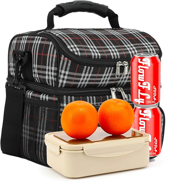 FlowFly Double Layer Cooler Insulated Lunch Bag Adult Lunch Box Large Tote Bag for Men, Women, With Adjustable Strap,Front Pocket and Dual Large Mesh Side Pockets
