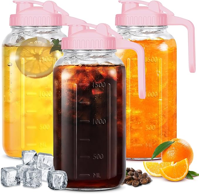 Mason Jar Pitcher, 64 OZ Breast Milk Pitcher Double Leak Proof with Pour Spout Handle, Wide Mouth Iced Tea Pitcher for Fridge, Creamer Container for Coffee, Sun Tea juice (Pink,3 Pack)