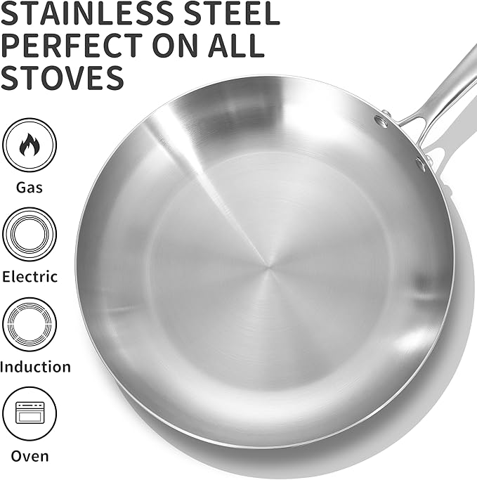LOLYKITCH 8.5-10 Inch Tri-ply Stainless Steel Frying Pan Set,Skillets,Induction Chef's Pan,Heavy Duty,Dishwasher and Oven Safe,Riveted Handle