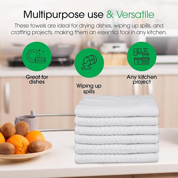 DG Collections Terry Dish Towels, 100% Cotton Kitchen Towels, Set of 6 (18x28 inch) Hand Towels - 400 GSM, Absorbent Terry Cloth Dish Towels for Kitchen, Soft Tea Towels - White Color