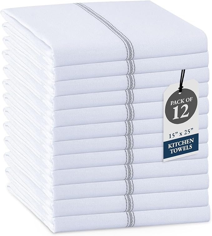 LANE LINEN Kitchen Hand Towels, 12 Pack Dish Towels for Kitchen Drying, 100% Cotton Super Absorbent Tea Towel, Quick Dry, 14"x25", Useful for Cleaning Countertops, Durable for Daily Use - Grey Stripe