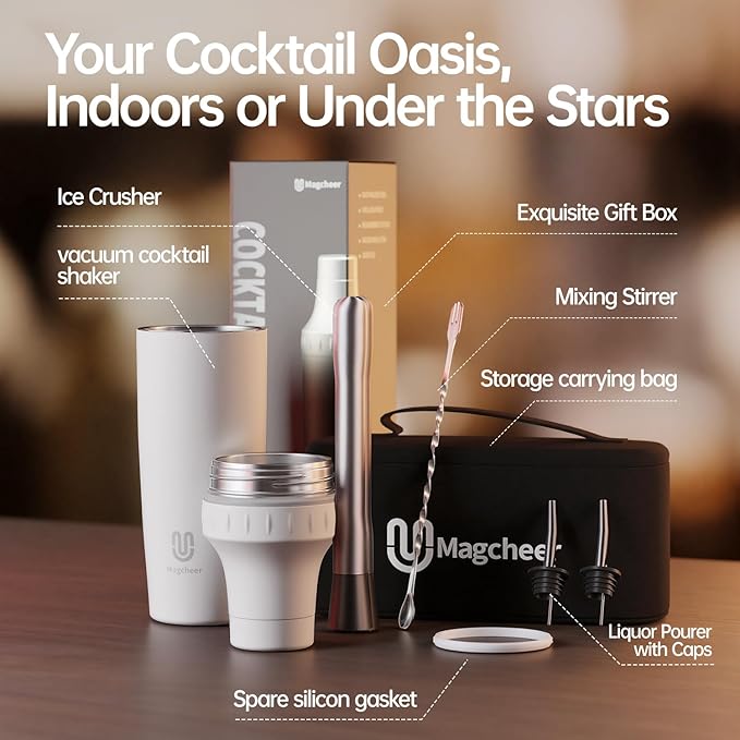 Hybrid Cocktail Shaker Set | Vacuum Insulated Stainless Steel Martini Shaker with Strainer & Jigger Lid | Travel cocktail kit with Bartender Accessory Tools | 30oz | White