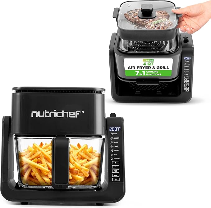 NutriChef 4 QT Air Fryer & Grill | 7-1 Preset Cook Modes | Transparent Fry Bowl for Best Cooking Results | Cook Shrimp, Steak, Fries, Wings & More | 4 QT Glass Air Fryer & 1.2 QT Grill | Black