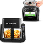 NutriChef 4 QT Air Fryer & Grill | 7-1 Preset Cook Modes | Transparent Fry Bowl for Best Cooking Results | Cook Shrimp, Steak, Fries, Wings & More | 4 QT Glass Air Fryer & 1.2 QT Grill | Black