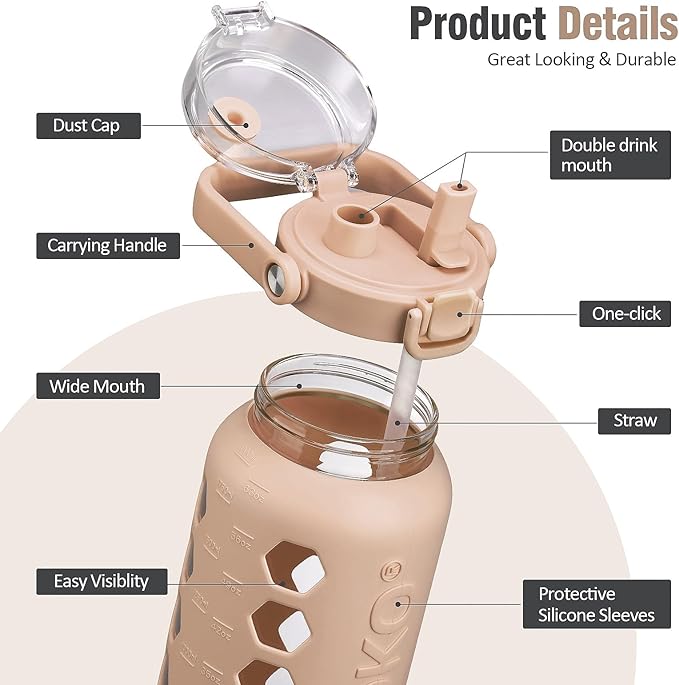 MUKOKO Half Gallon/64 oz Glass Water Bottles with Straw and Lid,Motivational Water Jug with Time Marker Reminder and Silicone Sleeve,100% Leakproof BPA Free Fitness Sports Large Bottle-Amber