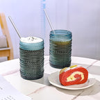 Vintage Glassware Drinking Glasses Set of 6,15 oz Hobnail Glass Cups,Embossed Blue Water Tumbler,for Beer,Cocktail,Whiskey,Juice and Various Mixed Drinks- 1 Cleaning Brush