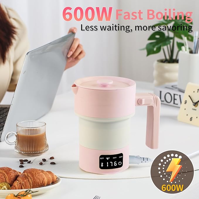 Travel Electric Kettle-Collapsible Portable Electric Kettle, 600W Foldable Small Water Boiler with 4-Temp Presets, Food Grade Silicone for Hotel, Office, Camping (Pink, 600mL)