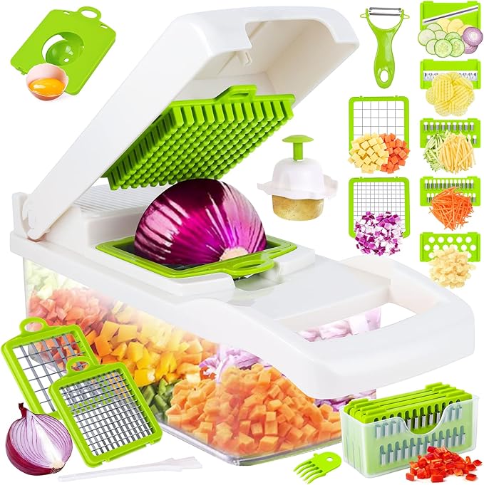 Vegetable Chopper, Pro Onion Chopper, 14 in 1Multifunctional Food Chopper, Kitchen Vegetable Slicer Dicer Cutter,Veggie Chopper With 8 Blades,Carrot and Garlic With Container (Gray) (White)