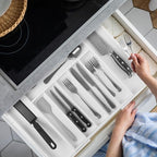 Large Premium Bamboo Silverware Organizer - Expandable Drawer Organizer & Utensil Organizer - 17"x19.7" Cutlery Tray with Dividers for Kitchen Utensils and Flatware (7-9 Slots) (White)
