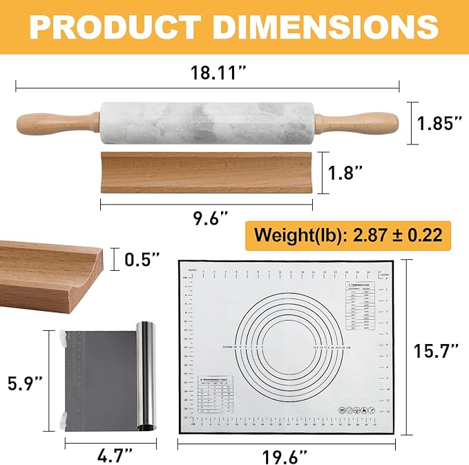 Koville African Natural Marble Rolling Pin, Non-Stick Polished Dough Roller, Pasta, Dumpling, Fondant, Pie Crust, Bread, Pizza Dough, Kitchen Baking Pastry Tools with Mat/Scraper(Grigio Fantasy)