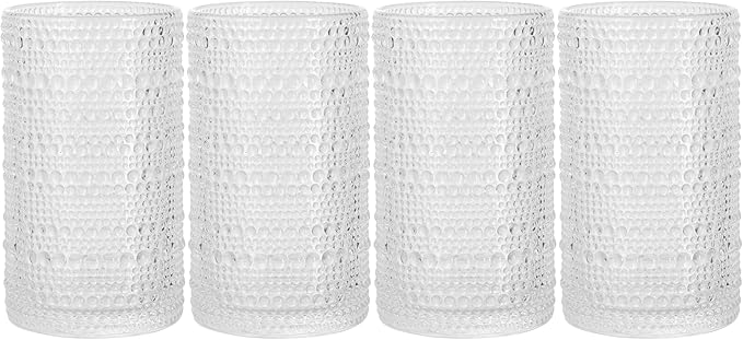 Glaver's Hobnail Drinking Glasses, Set of 4 Clear Vintage Beaded Glass Cups, 15 Oz. Cocktail Drinking Glassware Set, For Water Juice, Smoothies. Home, Dinner, Bar uses.