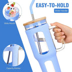 Glass Tumbler with Lid and Straw, 46 oz Iced Coffee Cup with Handle, Large Water Bottles with Silicone Sleeve, Glass Cup with Straws - Pearl Straw & Drinking Straw BPA Free-Glacier