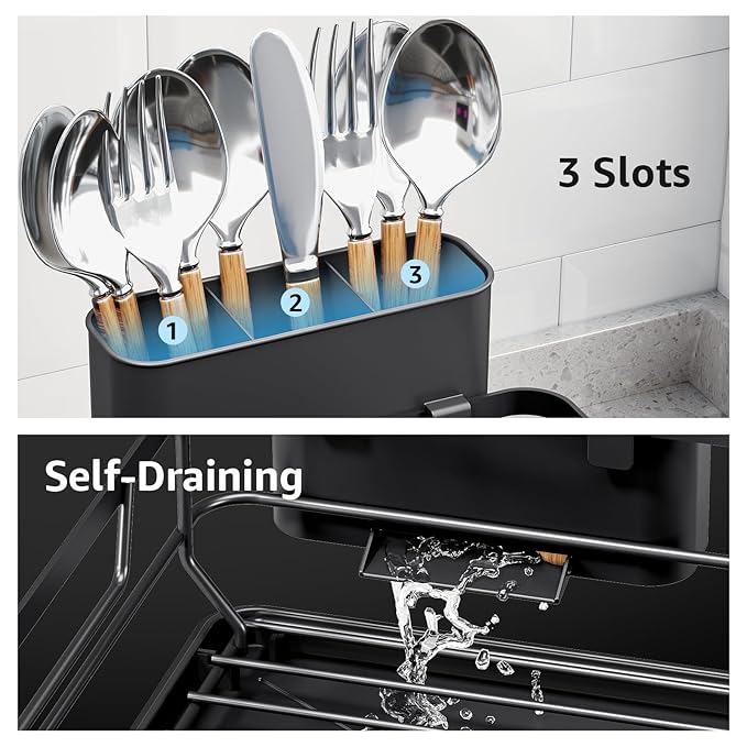 Dish Drying Rack for Kitchen Counter, Space-Saving Dish Rack, Multifunctional Dish Drainer Rack, Sink Kitchen Dishes Strainer, Dryer Rack with Drain Board, and Cutlery Holder,Small Size Black