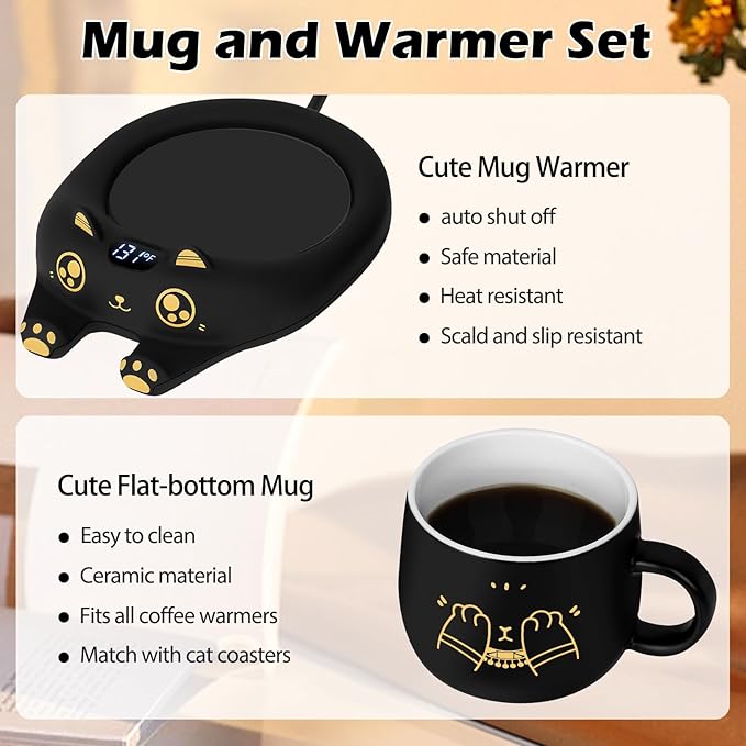 PUSEE Coffee Mug Warmer & Cute Cat Mug Set, Coffee Cup Warmer for Desk with Auto Shut Off, Beverage Warmer with 3 Temp Settings, Candle Warmer Coffee Warmer with Mug Set for Christmas & Birthday Gifts