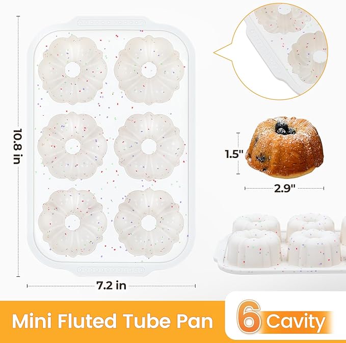 CAKETIME Mini Fluted Tube Pan with Metal Reinforced Frame, 6-Cavity Silicone Nonstick Small Cake Molds 2Pcs for Chocoflan, Donuts, Cornbread, Brownies, Jellies BPA Free