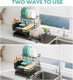 2 Tier Dish Drying Rack - Large Extendable Dish Rack, 2-in-1 Anti-Rust Stainless Steel Dishrack for Kitchen Counter and Sink, Dish Strainer with Utensil Holder & Cup Holder(Black)