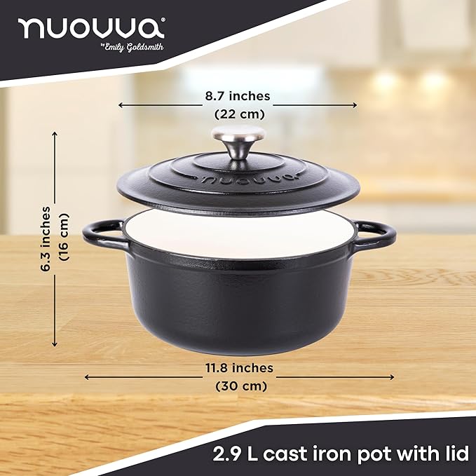 Cast Iron Dutch Oven with Lid – Non-Stick Ovenproof Enamelled Casserole Pot – Sturdy Dutch Oven Cookware – Black, 3.1-Quart, 22cm – by Nuovva