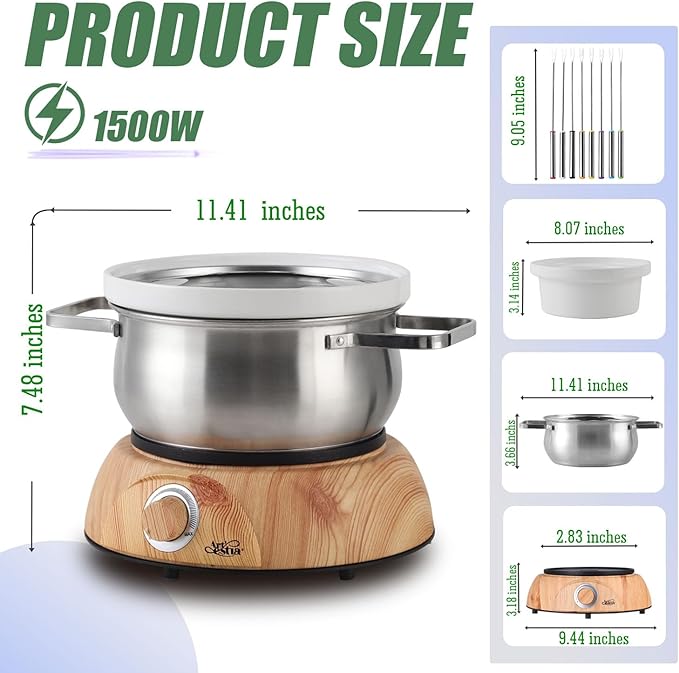 Artestia1500W Electric Swiss Fondue Set for Melting Chocolate Cheese Pot Sets with Temperature Control for Oil Broth Fondue Party, 8 Colored Fondue Forks
