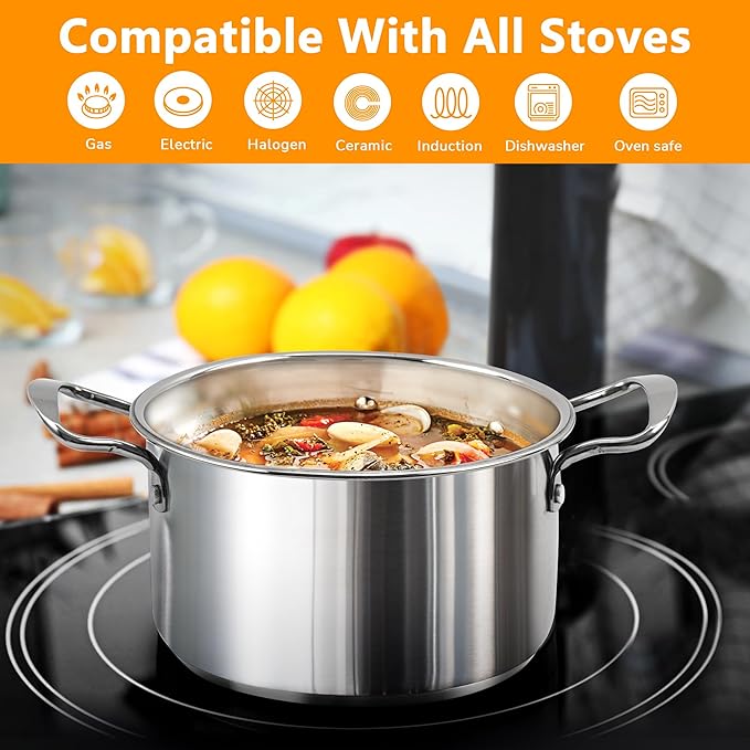 Stainless Steel Pots and Pans Set, 6 Piece Kitchen Induction Cookware Sets with Glass Lids, Works with Induction, Electric and Gas Cooktops, Non Toxic, Oven & Dishwasher Safe
