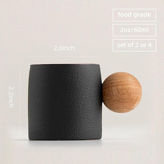 2-Oz Ceramic Espresso Cups with Wood Handle, 2/4-Piece Set for Coffee, Tea, Latte - Dishwasher Safe, Multi-Color & Wood Styles, Gift & Café Use (black, Round Handle4)
