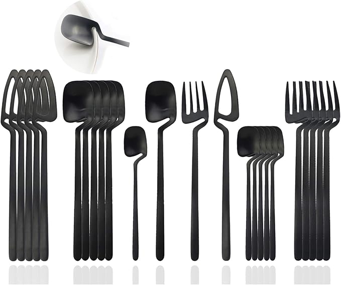 JASHII Silverware Set Satin Finish 24-Piece Stainless Steel Flatware Set Kitchen Utensil Set Service for 6 Tableware Cutlery Set Dishwasher Safe (Matte Black)