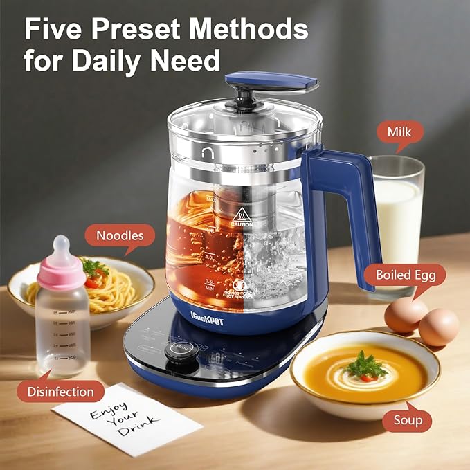 Electric Kettle, 1.5L Borosilicate Glass Hot Water Kettle Electric & Tea Kettle for Coffee or Tea, BPA Free, Auto Shut-Off, Stainless Steel, Blue, 1200w