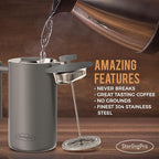 French Press Coffee Maker (1.5L)-Gray Color-Double Walled Large Coffee Press with 2 Extra Filters-Enjoy Granule-Free Coffee, Stylish Rust Free Kitchen Accessory-Stainless Steel