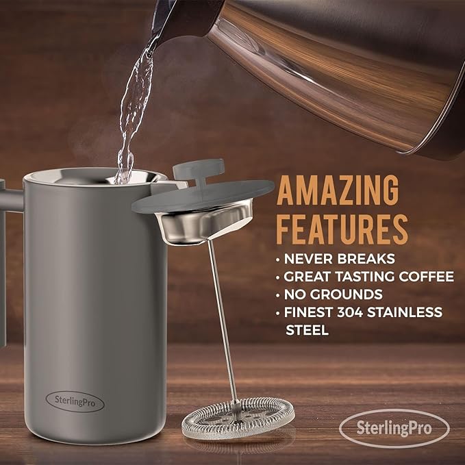 French Press Coffee Maker (1.5L)-Gray Color-Double Walled Large Coffee Press with 2 Extra Filters-Enjoy Granule-Free Coffee, Stylish Rust Free Kitchen Accessory-Stainless Steel