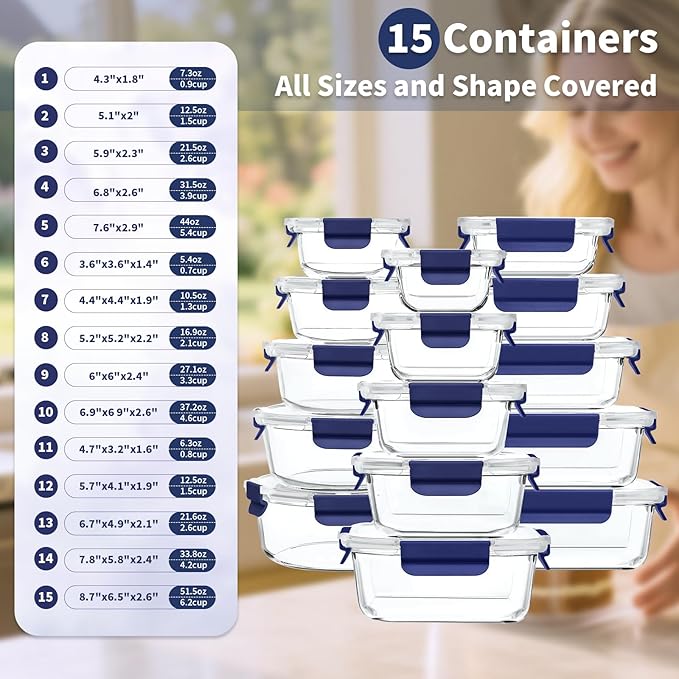 30 Pieces Glass Food Storage Containers with Snap Locking Lids,Glass Meal Prep Containers Set - Airtight Lunch Containers, Microwave, Oven, Freezer and Dishwasher BLUE