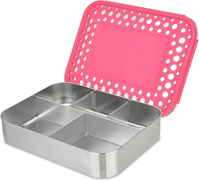 LunchBots Large Cinco Stainless Steel Lunch Container - Five Section Design Holds a Variety of Foods - Metal Bento Box - Dishwasher Safe - Stainless Lid -Pink Dots