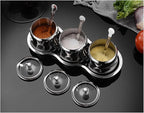 TENTA TENTA KITCHEN 18/8 Stainless Steel Seasoning Box Condiment Jar Set Spice Jar Spice Rack Condiment Cruet Bottle Salt Pepper Sugar Storage Organizers with 3 Serving Spoons (Glass Lids)