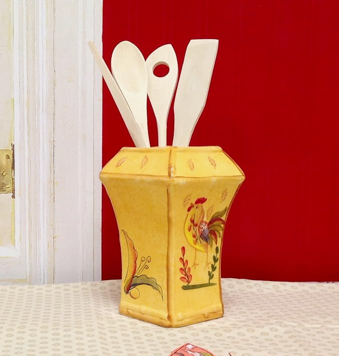 ACK Bamboo Rooster Hand Painted Ceramic Utensil Jar With Wooden Tool, Utensil Holder, Utensil Crock, Modern Kitchen Decor, Kitchen Storage for for Spoon, Ladle, Spatula and More