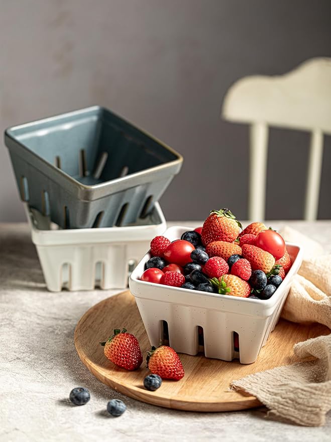 Gomakren Fruit Bowl with Holes, Ceramic Berry Basket Set of 2, 5.7 Inch Square Fruit Basket for Kitchen Counter, Rustic Berry Containers, Farmhouse Kitchen Decor - Cream White