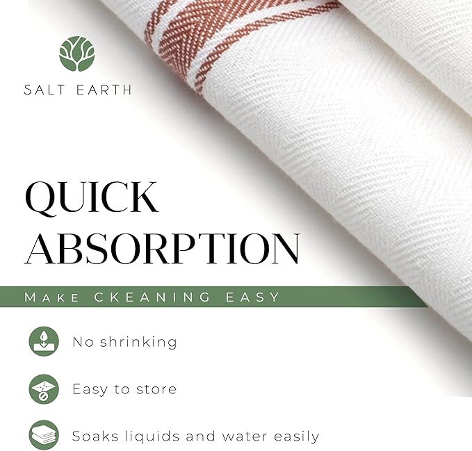 Salt Earth Kitchen Towels Cotton Dish Towel Size 24x14 Inches Set of 6 100% Ring Spun Cotton Absorbent Quick Dry Herringbone Weave Lint Free Washable Dishcloth Hanging Loop Color White & Red Stripe