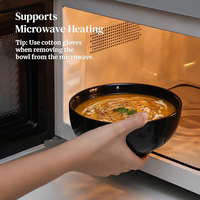 DOWAN 22 OZ Ceramic Soup Bowls & Cereal Bowls - 6" Classic Bowls Set of 4 for Soup, Cereal, Oatmeal, Fruit, Rice - Dishwasher & Microwave Safe (Black)