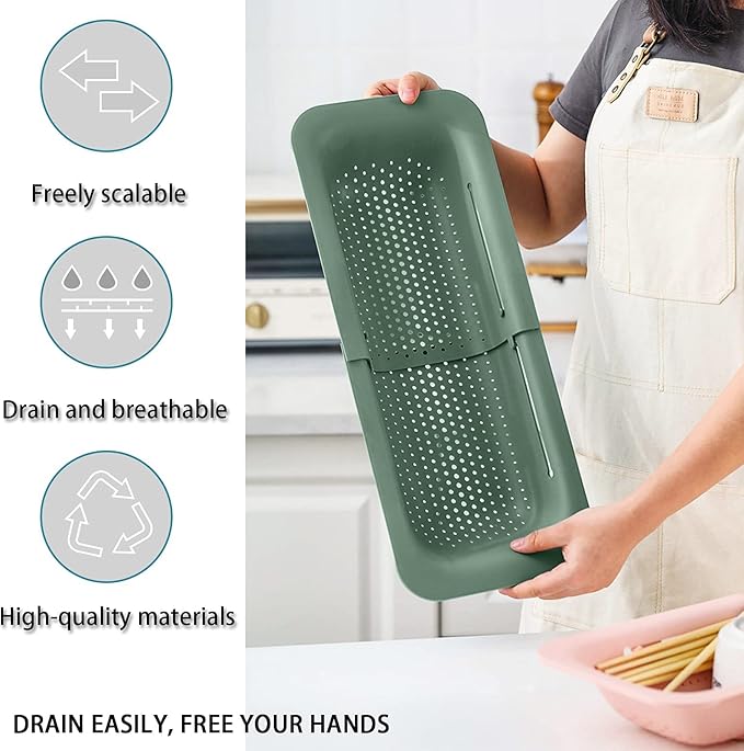 Collapsible Sink Colanders and Strainers Basket Extendable Plastic Fruit Vegetable Strainer Drainer Basket for Kitchen (Length 13.6 inch-18.7 inch) (Apple Green)