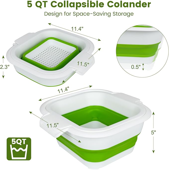 Collapsible Colander Set with Strainer Bowl, 2 in 1 Fruit Washing Basket with Strainer, 5 + 3 QT Plastic Colanders for Kitchen, Foldable Double Layered Colander Bowl for Berry, Vegetable, Green