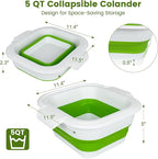 Collapsible Colander Set with Strainer Bowl, 2 in 1 Fruit Washing Basket with Strainer, 5 + 3 QT Plastic Colanders for Kitchen, Foldable Double Layered Colander Bowl for Berry, Vegetable, Green