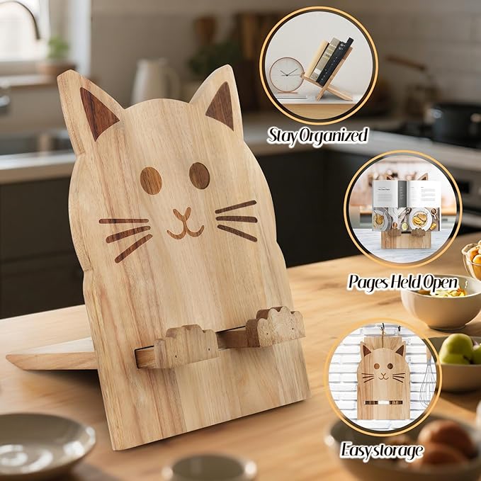 Wood Cookbook Stand for Kitchen Counter Cat Shaped Recipe Holder Book Shelf iPad Support Music Rest