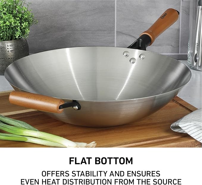 Oster Sangerfield 14-Inch Stainless Steel Wok With Wood Handles, Durable Non-Stick Stir Fry Pan for Gas and Electric Stovetops