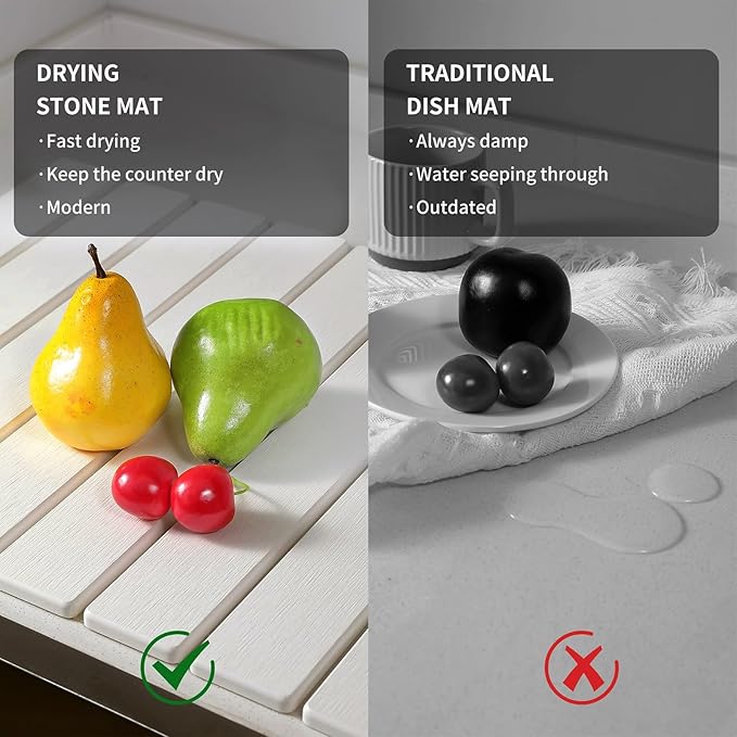 Large Stone Dish Drying Mats for Kitchen Counter, 24"(L)×16"(W) Quick Dry Collapsible Dish Drying Mat with Towel Sanding Absorbent Diatomaceous Earth Mat for Dishes Bottles Cups, Match Any Countertop