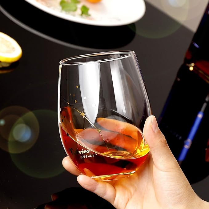 Aries Stemless Wine Glass 20 Oz, Aries Birthday Gifts for Women Men, Zodiac Aries Tumbler Gifts for Pisces Women, Aries Cup Golden Gift, Constellation Tumbler Wine Glass, Astrology Gifts for Women Men