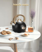 Tea Kettle Stovetop, Black Tea Kettles-2.1 Quart Loud Whistle Stovetop Teapot,Food Grade Stainless Steel with Wood Pattern Handle, Unique Button Control Kettle Outlet for Tea, Coffee